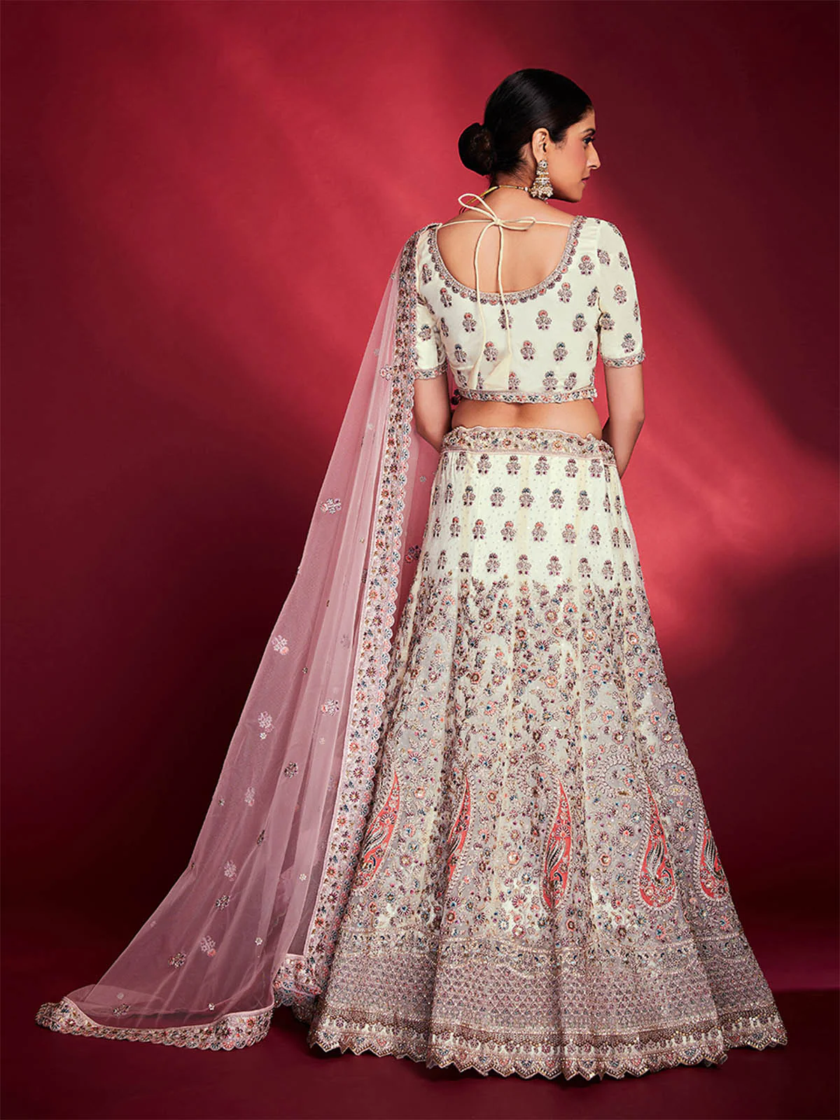 Odette Women Stylish White Soft Silk Embroidered Semi Stitched Lehenga Choli - Image 6
