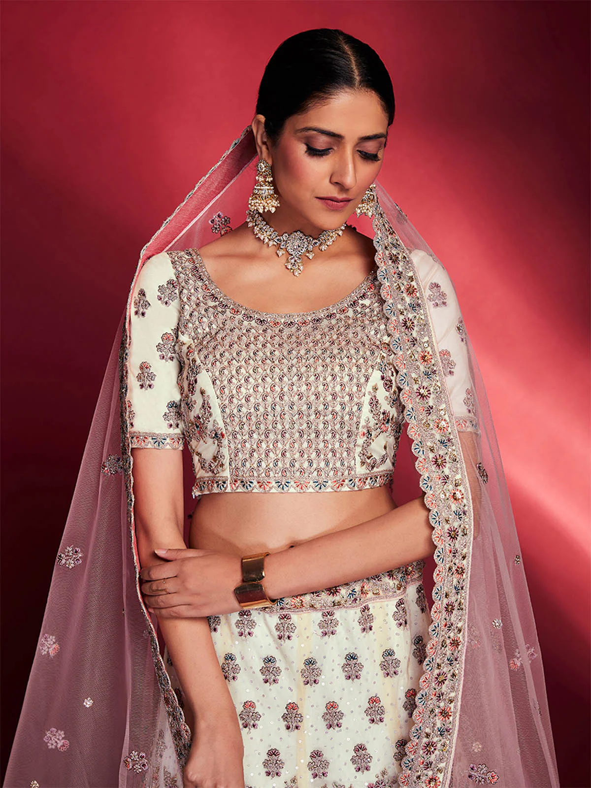 Odette Women Stylish White Soft Silk Embroidered Semi Stitched Lehenga Choli - Image 7