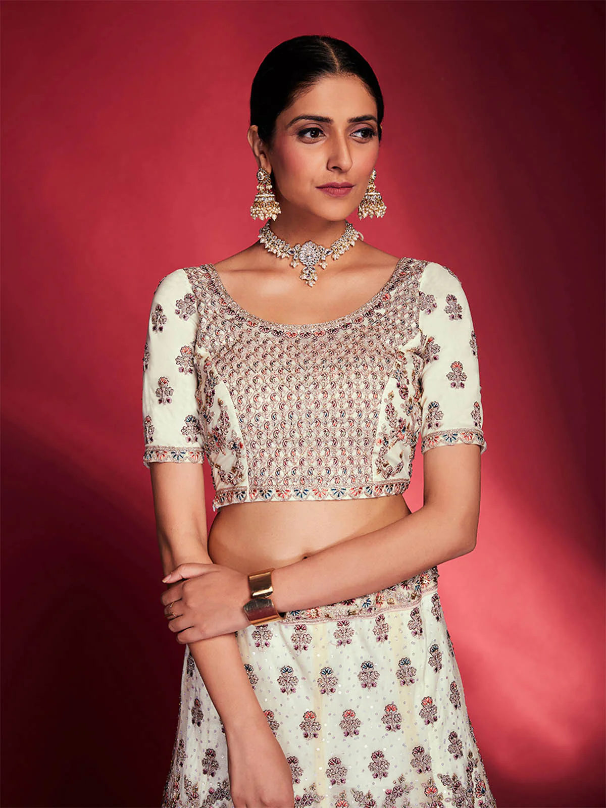 Odette Women Stylish White Soft Silk Embroidered Semi Stitched Lehenga Choli - Image 8