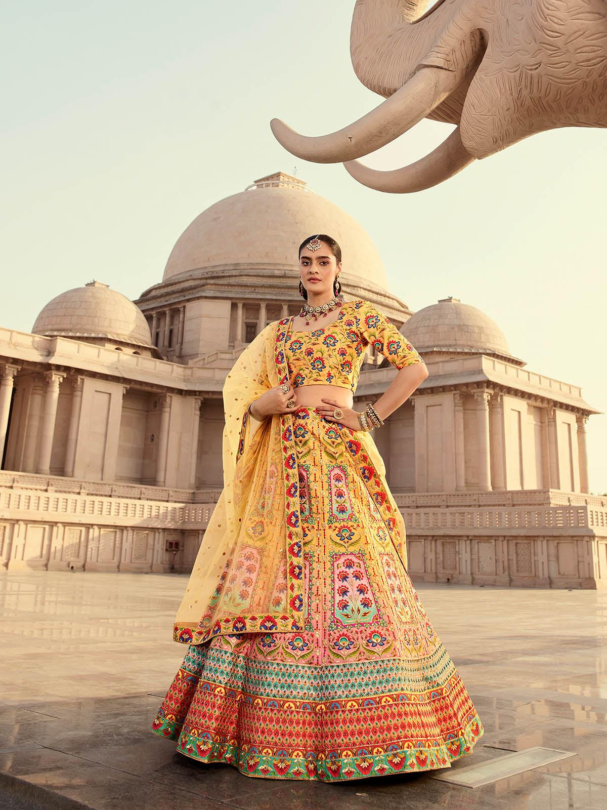Odette Women Stylish Yellow Art Silk Semi Stitched Lehenga With  Unstitched Blouse - Image 2
