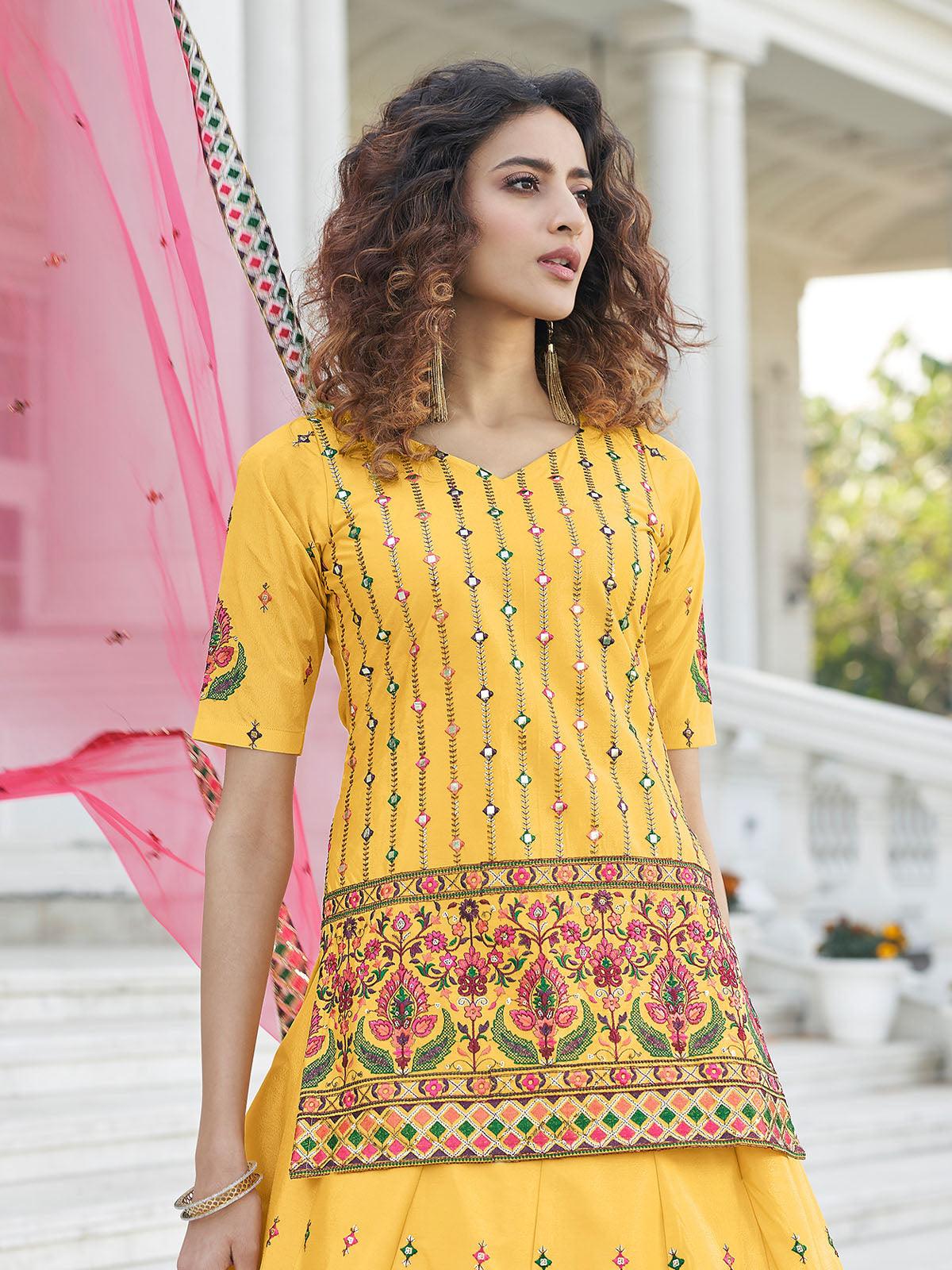 Odette Women Stylish Yellow Chinon Chiffon Semi Stitched Lehenga With  Unstitched Blouse - Image 2