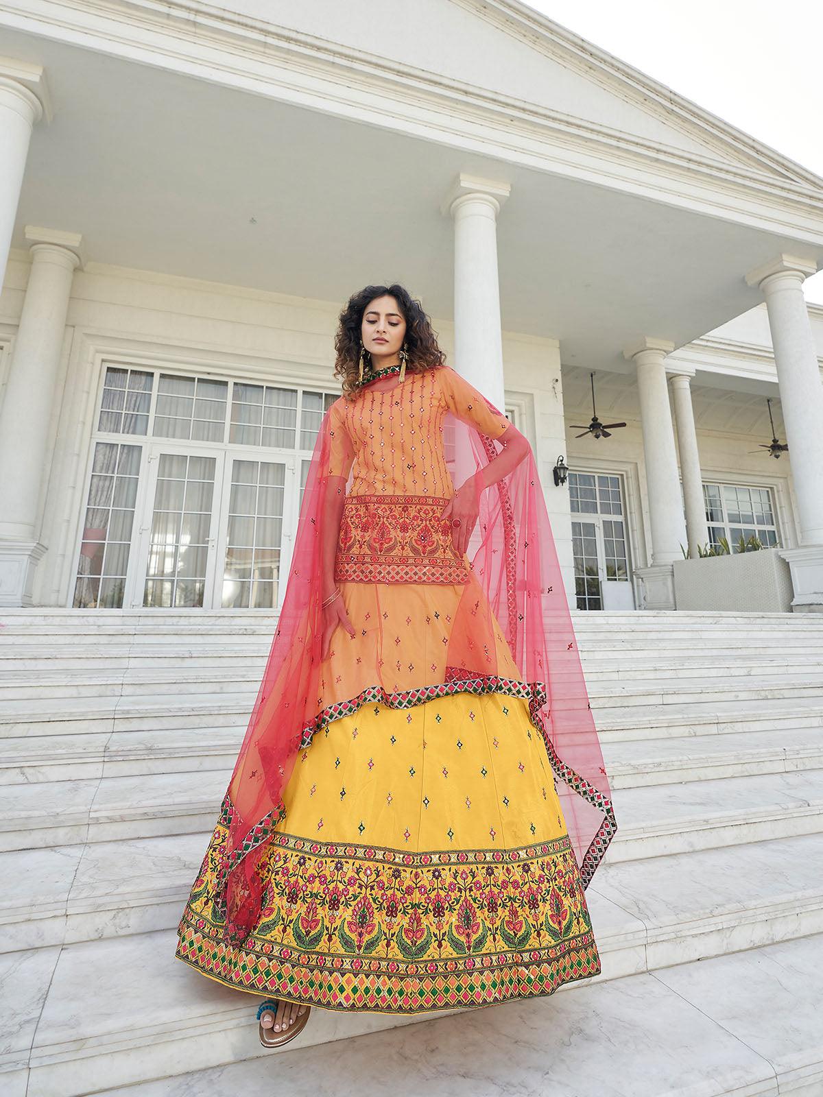Odette Women Stylish Yellow Chinon Chiffon Semi Stitched Lehenga With  Unstitched Blouse - Image 3