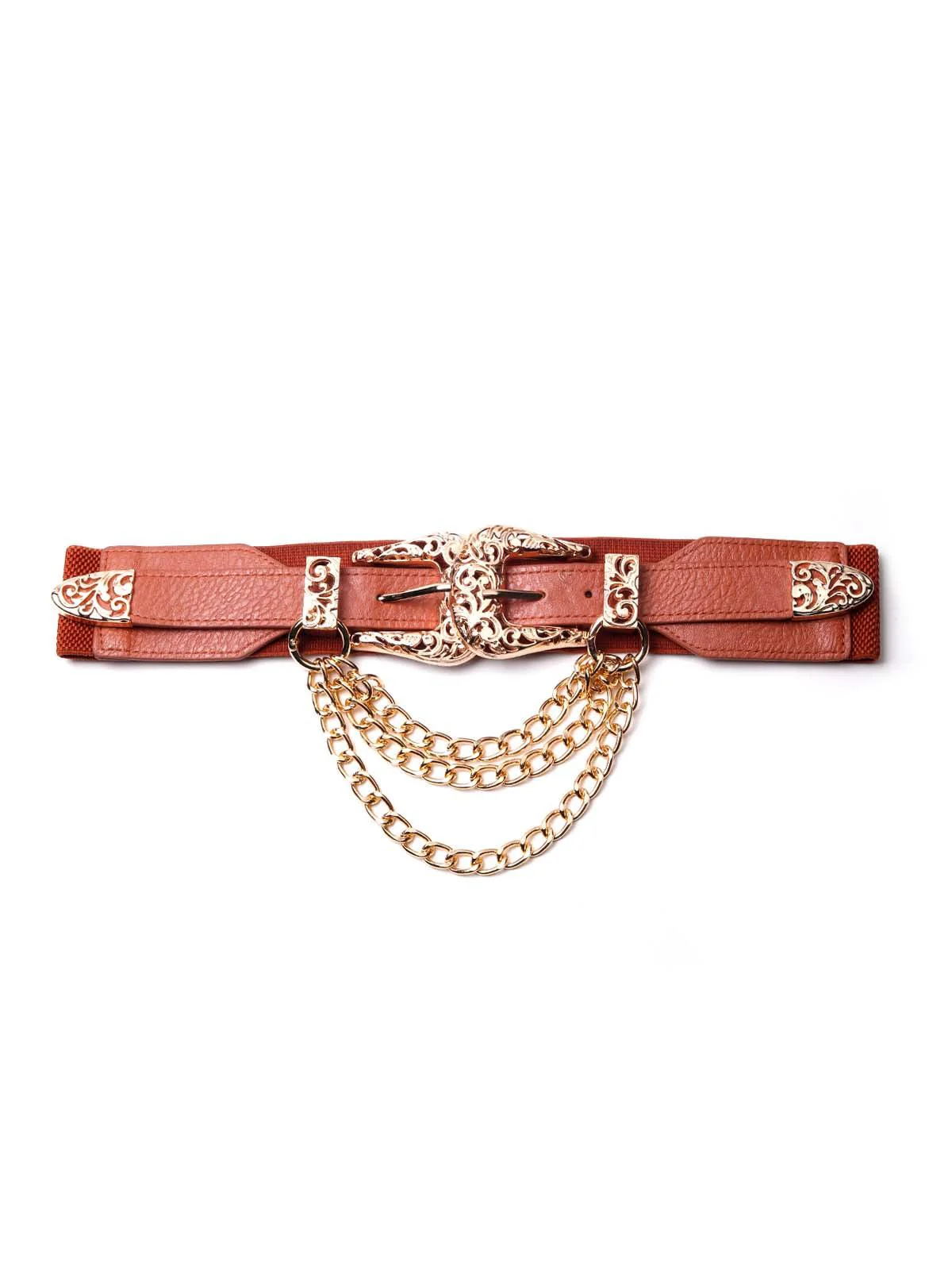 Odette Women Tan Belt Adorned With A Golden Chain - Image 3