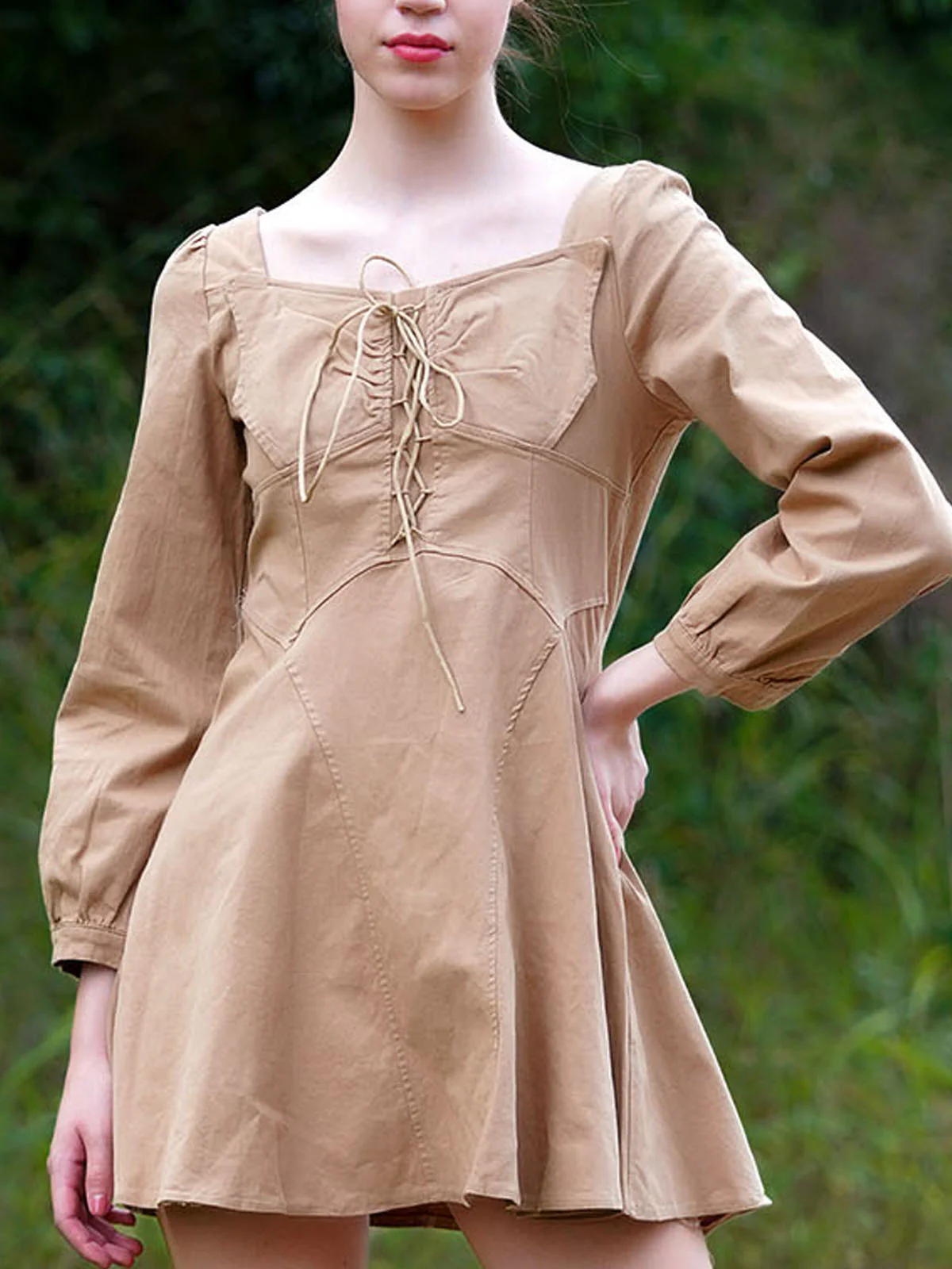 Odette Women Tan Twill Lycra Short Stitched Dress - Image 5
