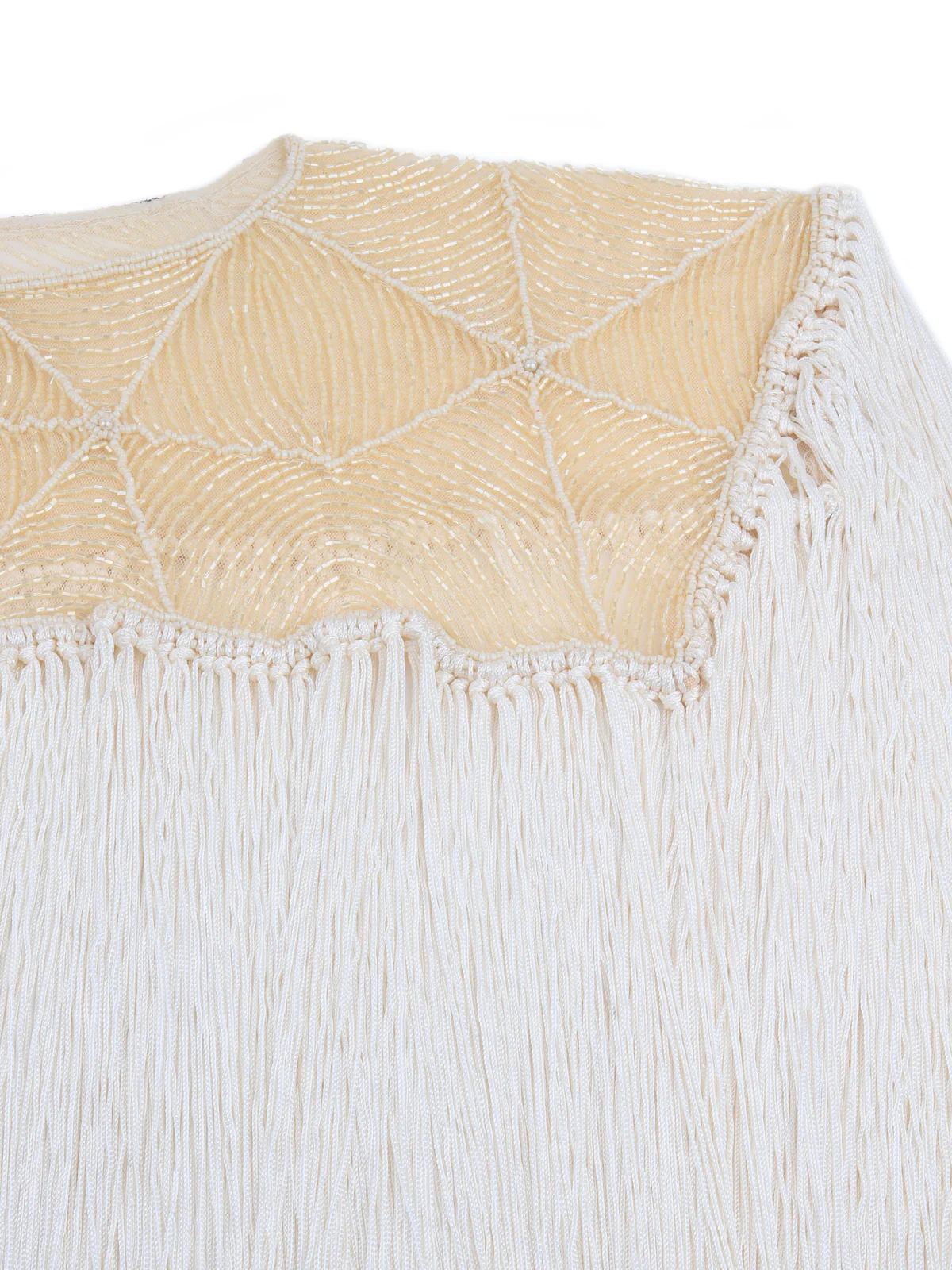 Odette Women Tasseled Grandeur- The Beige And White Tasseled Cape - Image 4