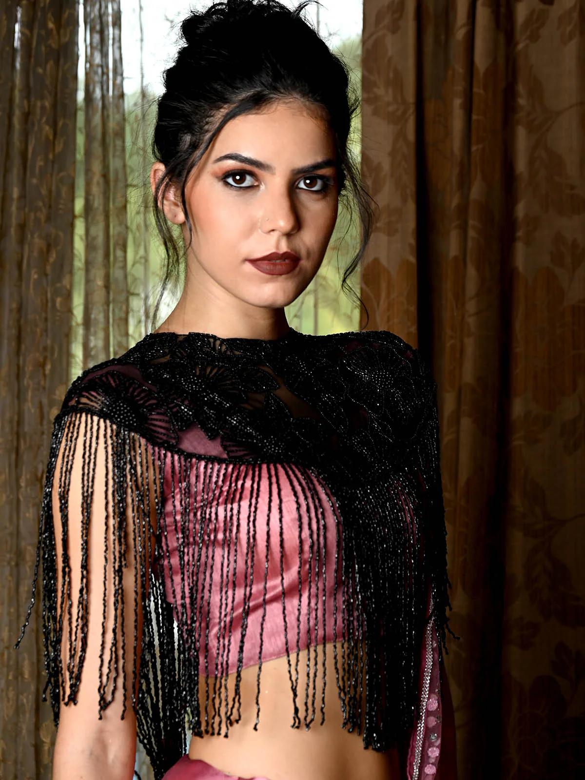 Odette Women Tasseled Grandeur- The Black Beads Tasseled Cape - Image 2