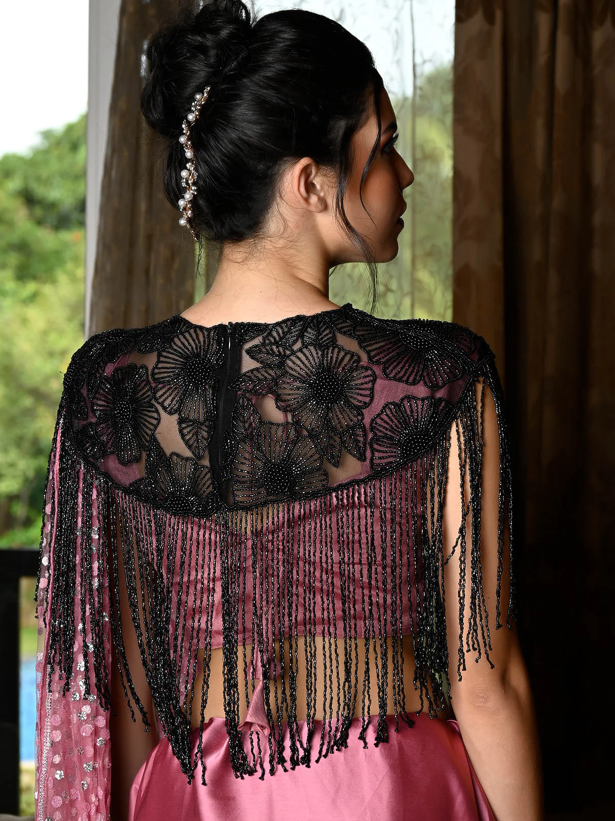 Odette Women Tasseled Grandeur- The Black Beads Tasseled Cape - Image 3