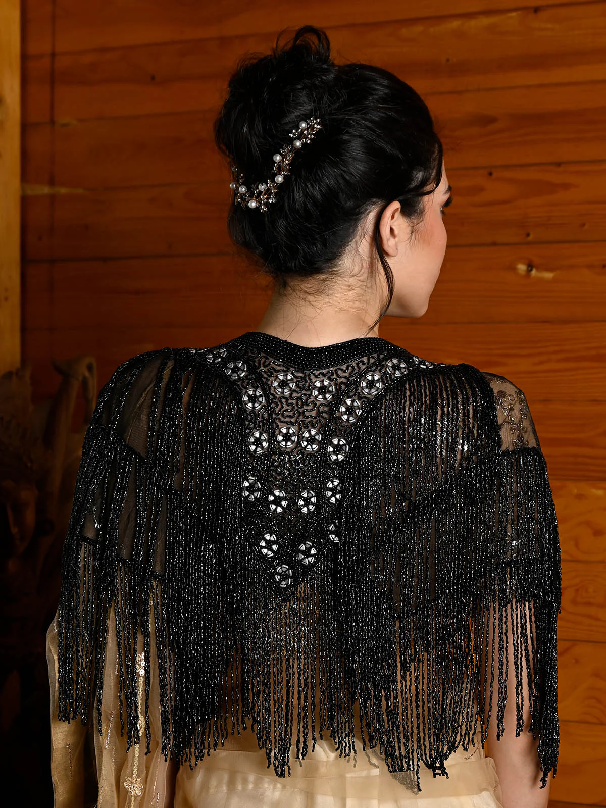 Odette Women Tasseled Grandeur- The Black Beads Tasseled Cape - Image 3