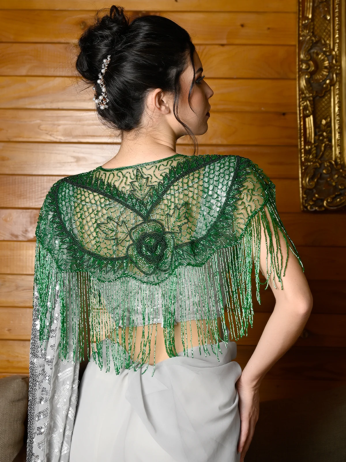 Odette Women Tasseled Grandeur- The Green Beaded Cape - Image 2