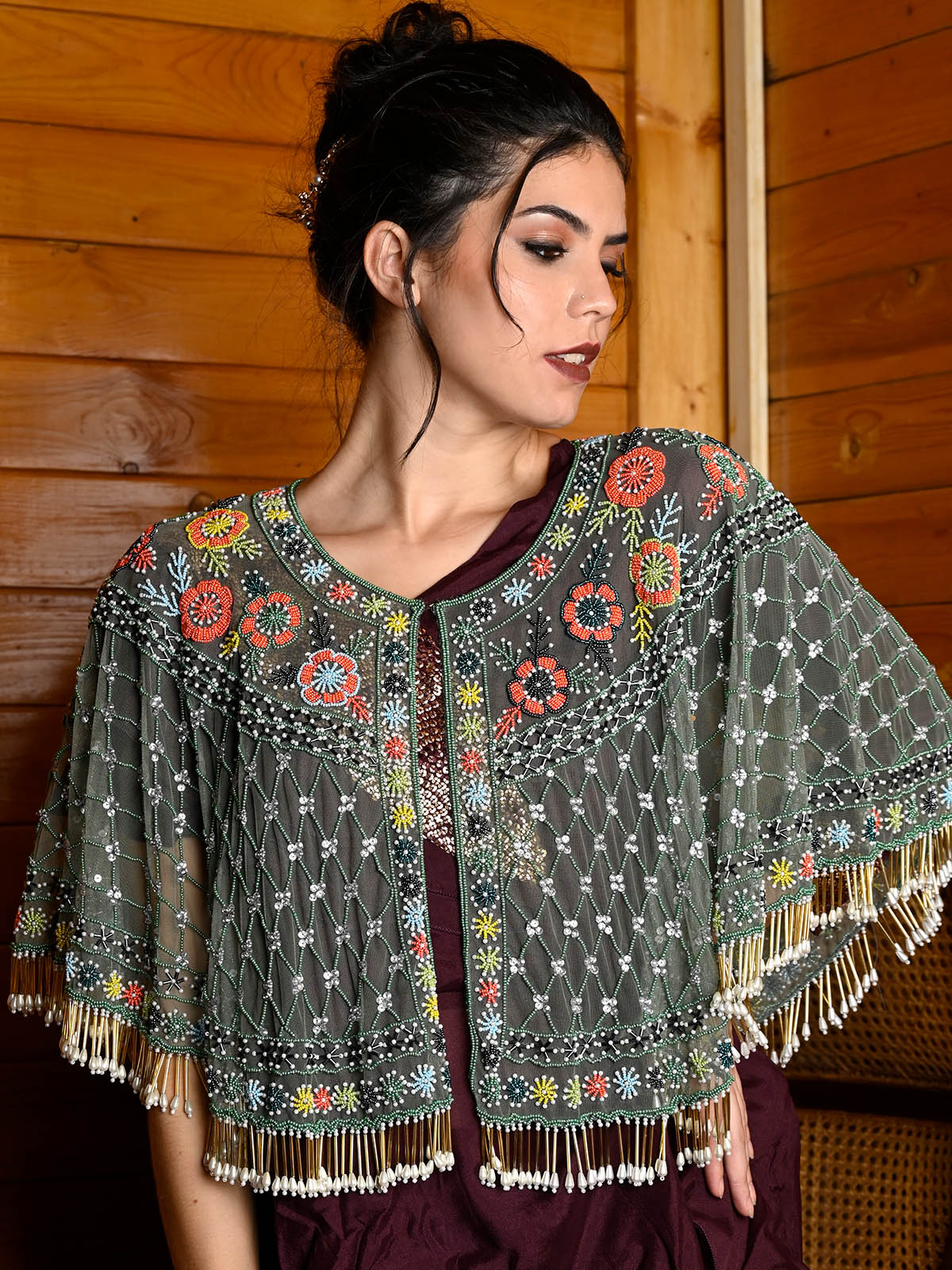 Odette Women Tasseled Grandeur- The Green Embroidered Tasseled Cape - Image 2
