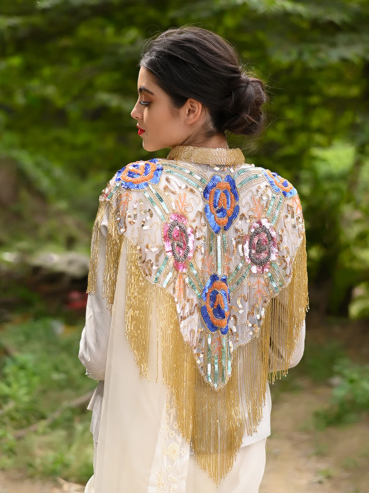 Odette Women Tasseled Grandeur- The Multicolored Beaded Cape - Image 2