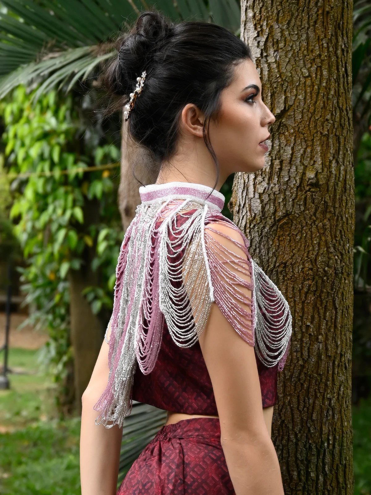 Odette Women Tasseled Grandeur- The Pink And White Beads Tasseled Cape - Image 2