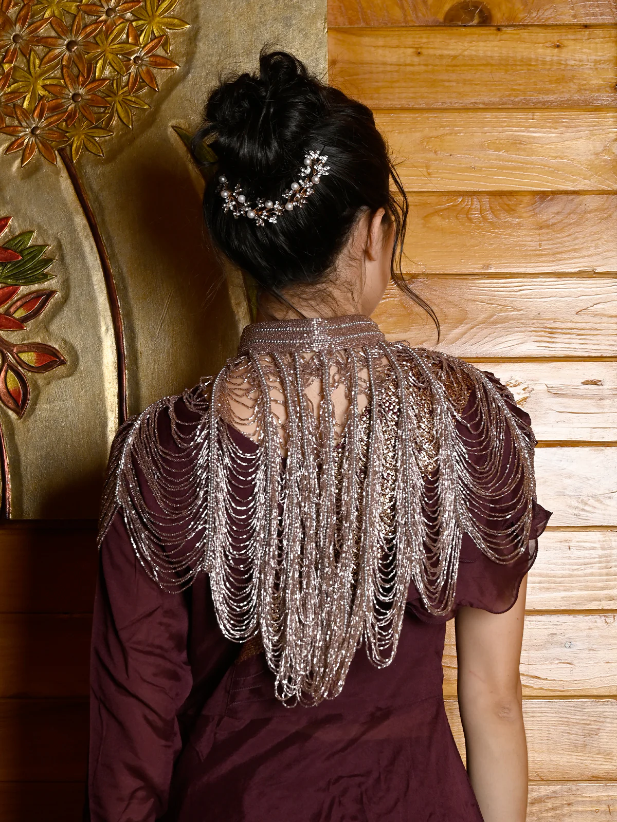 Odette Women Tasseled Grandeur- The Pink Beads Tasseled Cape - Image 3