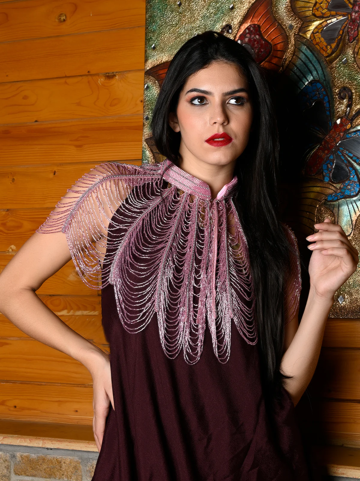 Odette Women Tasseled Grandeur- The Pink Beads Tasseled Cape - Image 2