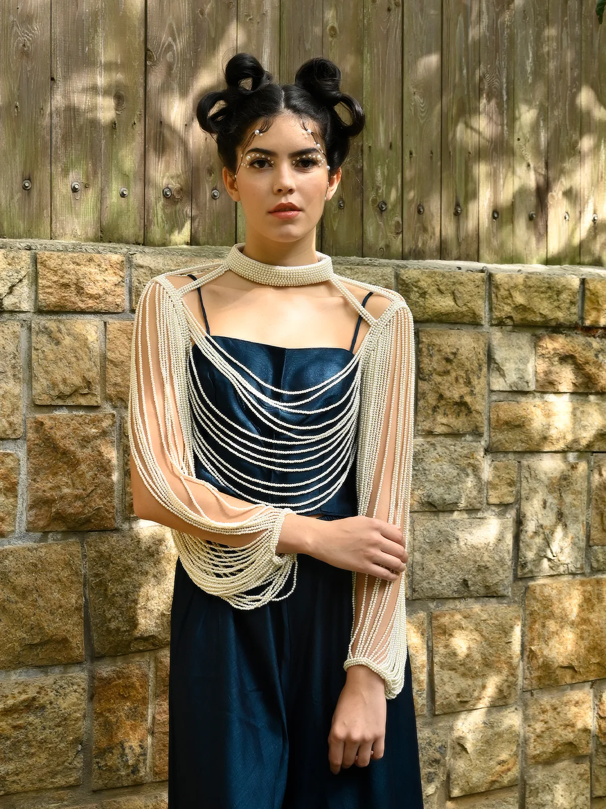 Odette Women Tasseled Grandeur- The White Beaded Cape - Image 2