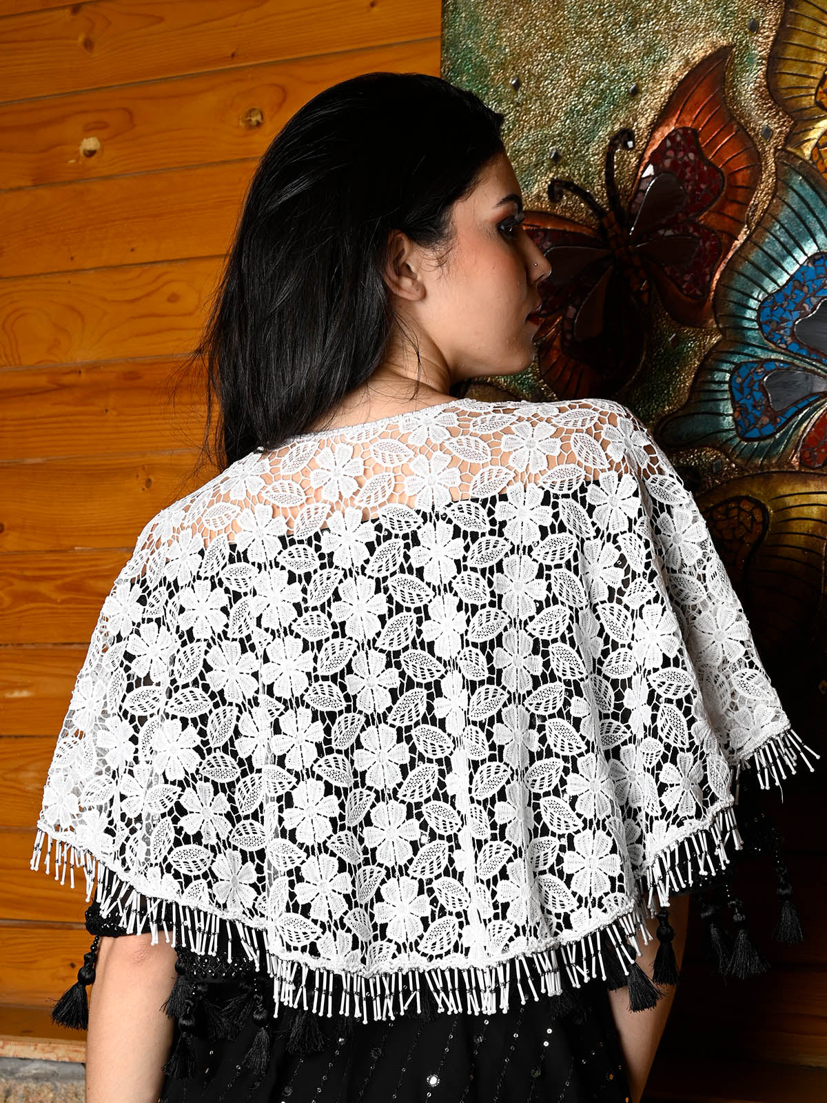 Odette Women Tasseled Grandeur- The White Lace Tasseled Cape - Image 3