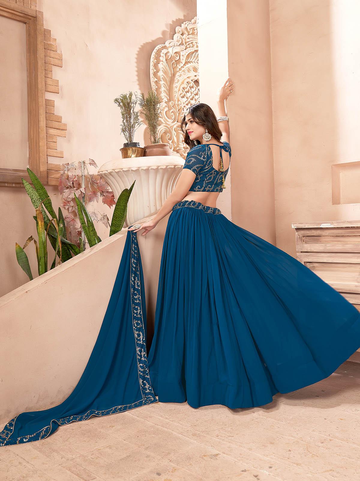 Odette Women Teal Blue Faux Georgette Semi Stitched Lehenga With Unstitched Blouse - Image 2