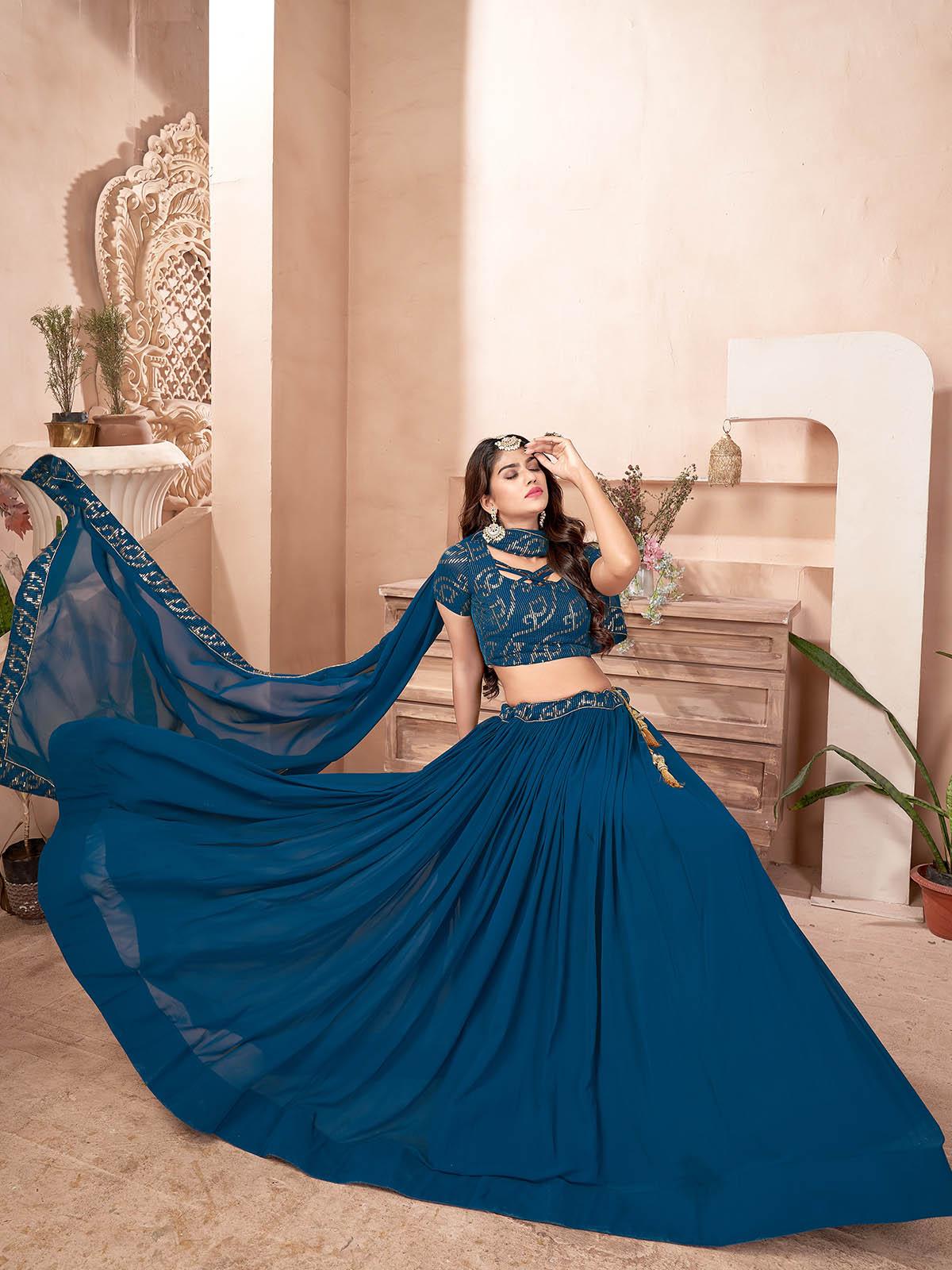 Odette Women Teal Blue Faux Georgette Semi Stitched Lehenga With Unstitched Blouse - Image 4