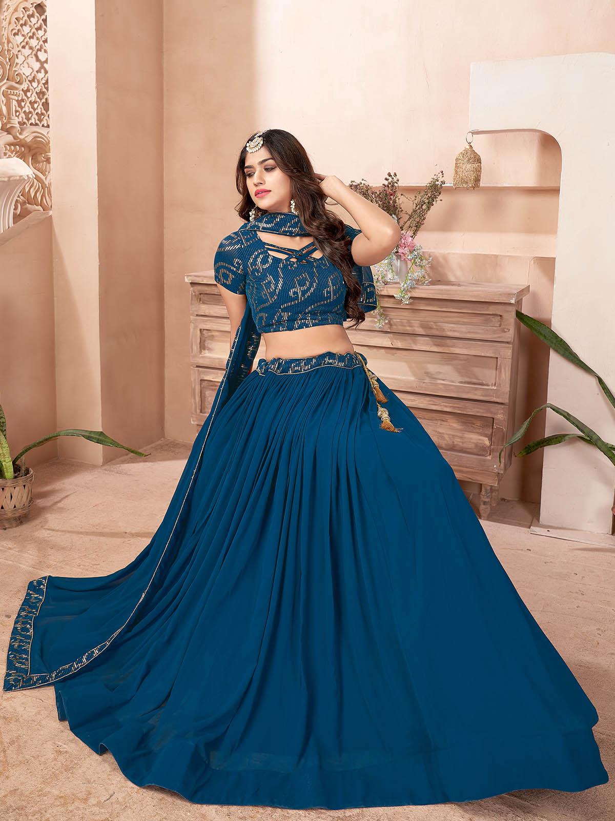 Odette Women Teal Blue Faux Georgette Semi Stitched Lehenga With Unstitched Blouse - Image 5