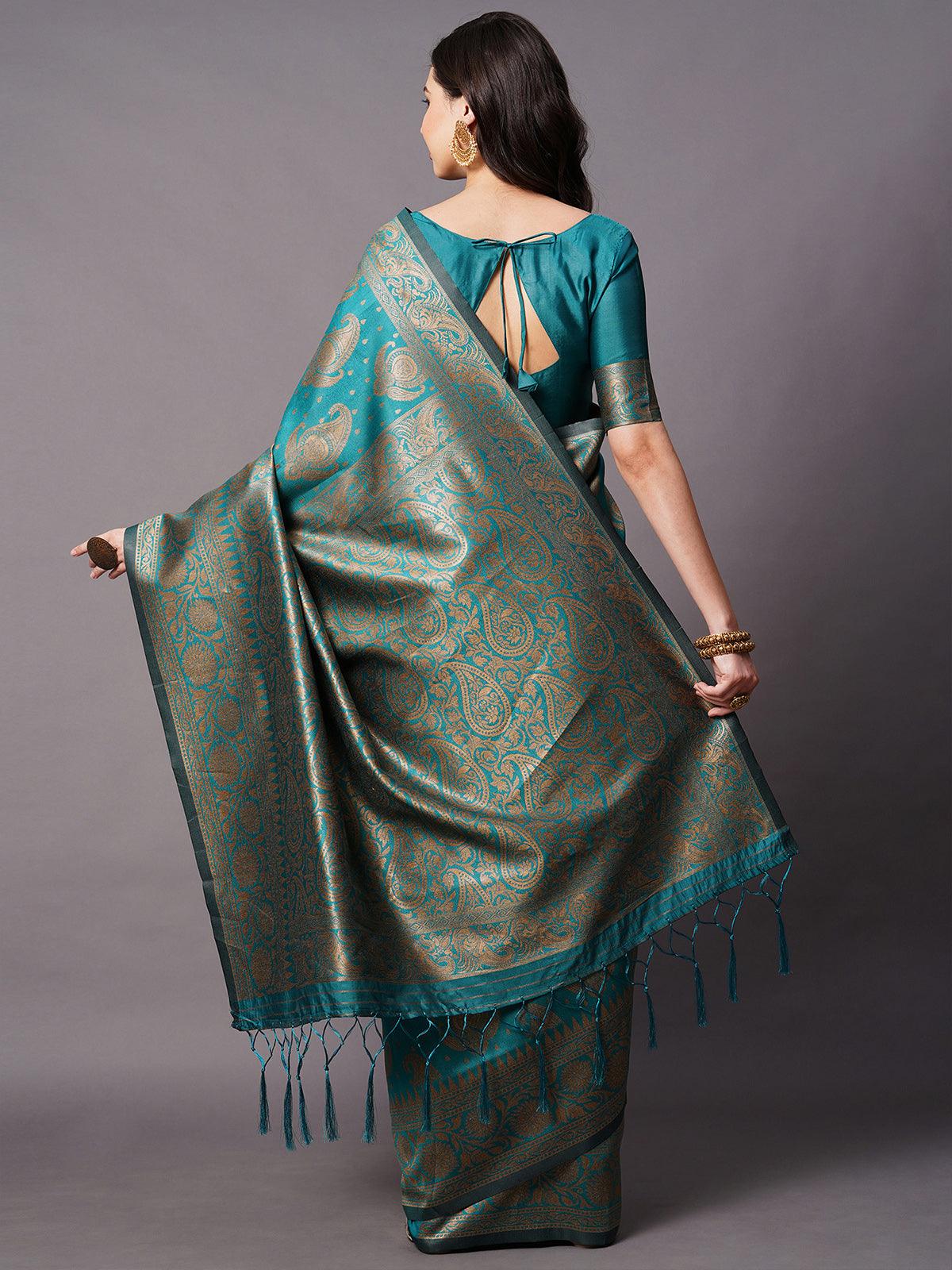 Odette Women Teal Blue Festive Silk Blend Woven Design Saree With Unstitched Blouse - Image 3
