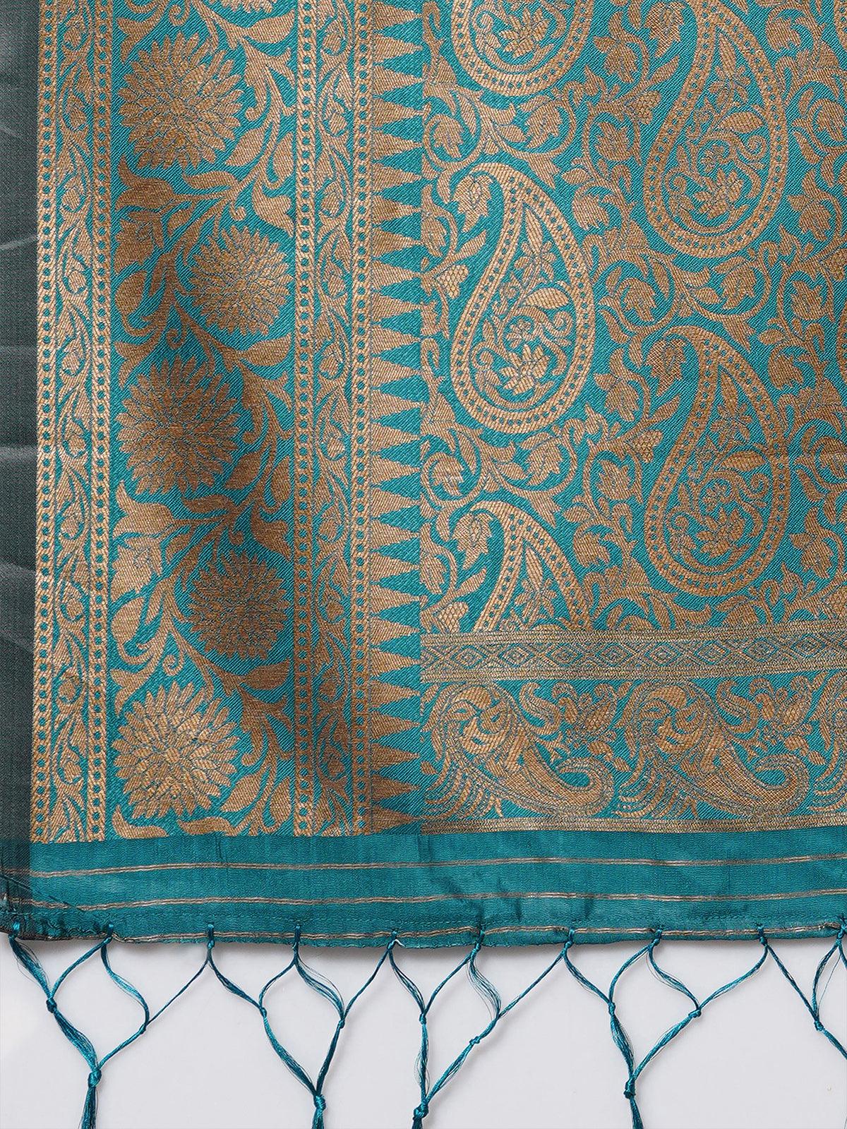 Odette Women Teal Blue Festive Silk Blend Woven Design Saree With Unstitched Blouse - Image 6