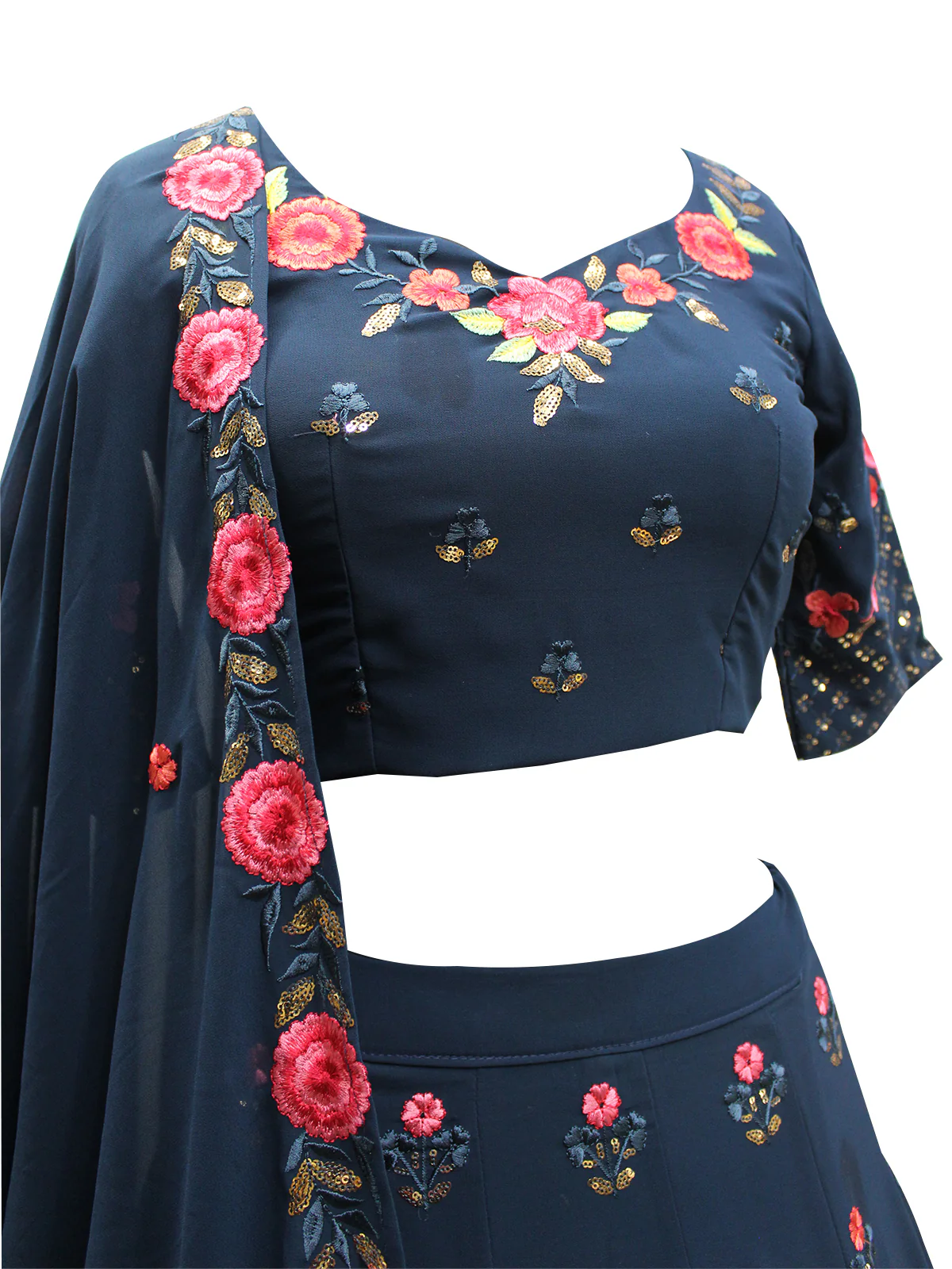 Odette Women Teal Blue Georgette Embroidered Semi Stitched Lehenga With  Unstitched Blouse - Image 2