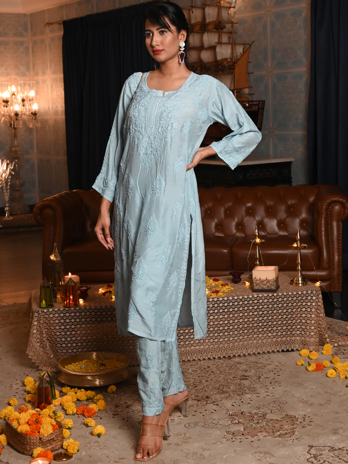 Odette Women Blue Cotton Viscose Chikankari Embroidered Stitched Kurta With Pant - Image 2