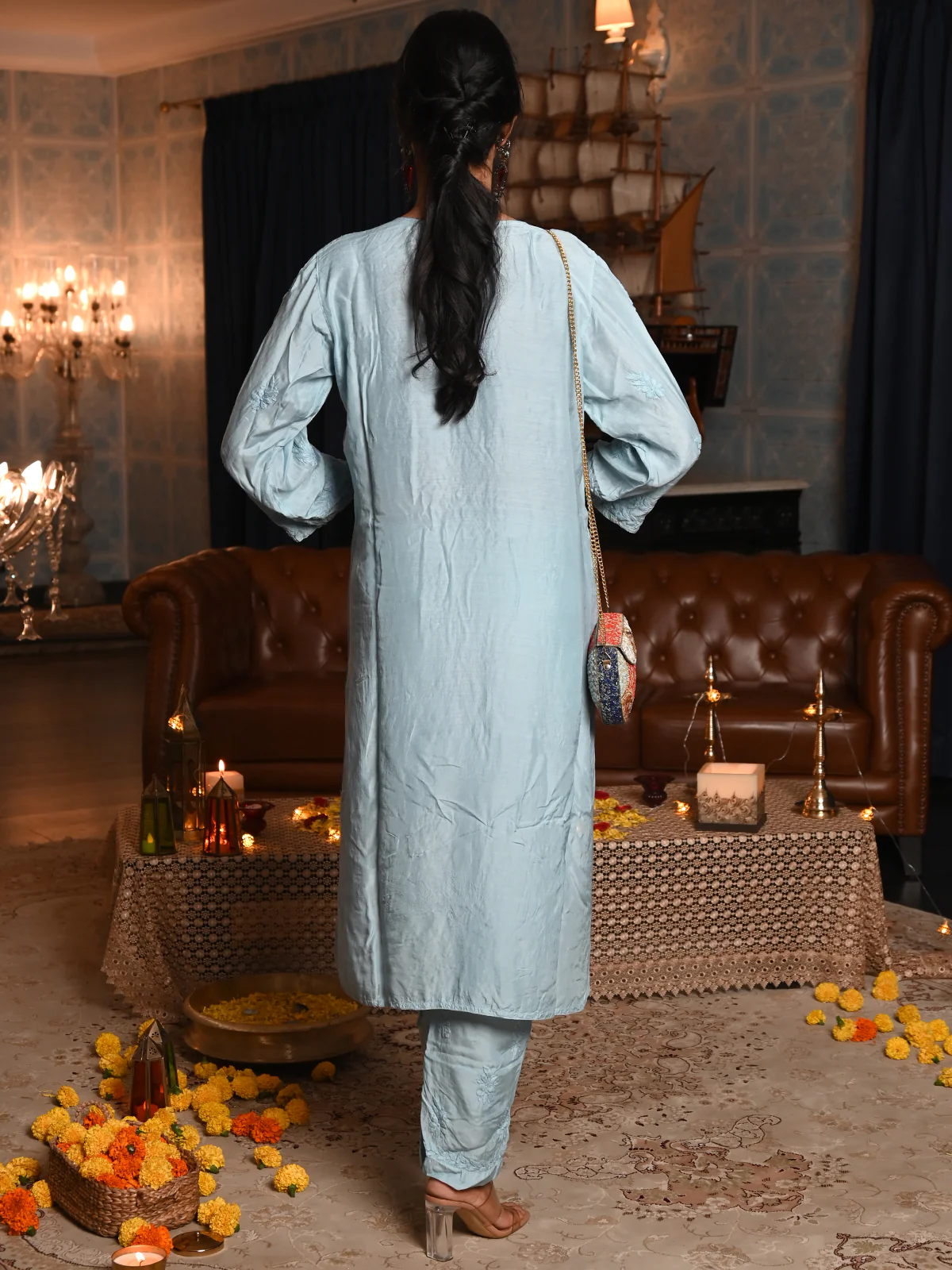 Odette Women Blue Cotton Viscose Chikankari Embroidered Stitched Kurta With Pant - Image 3