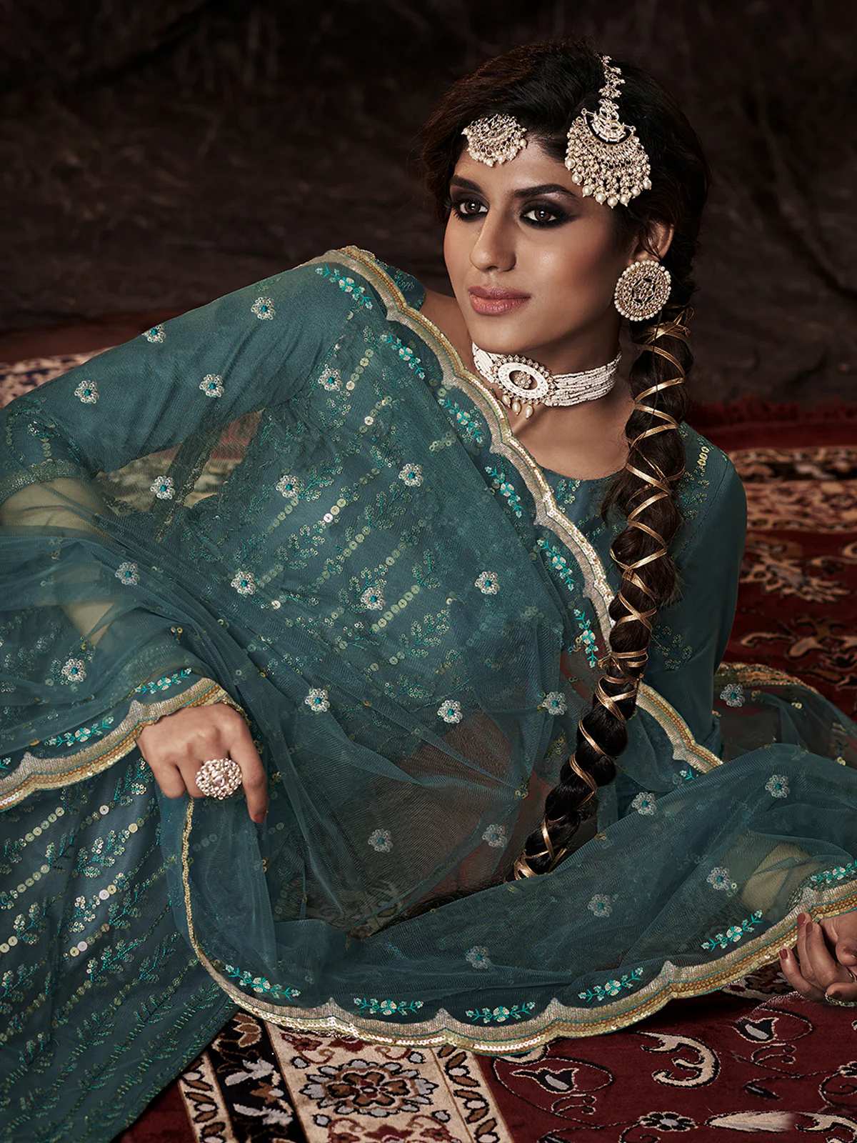 Odette Women Teal Designer Semi Stitched Kurta Set - Image 2