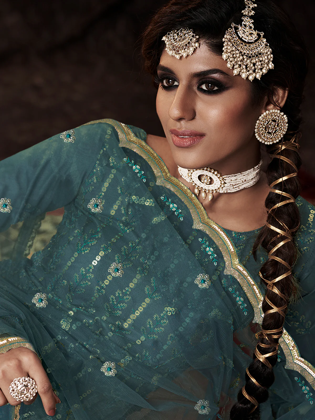 Odette Women Teal Designer Semi Stitched Kurta Set - Image 3