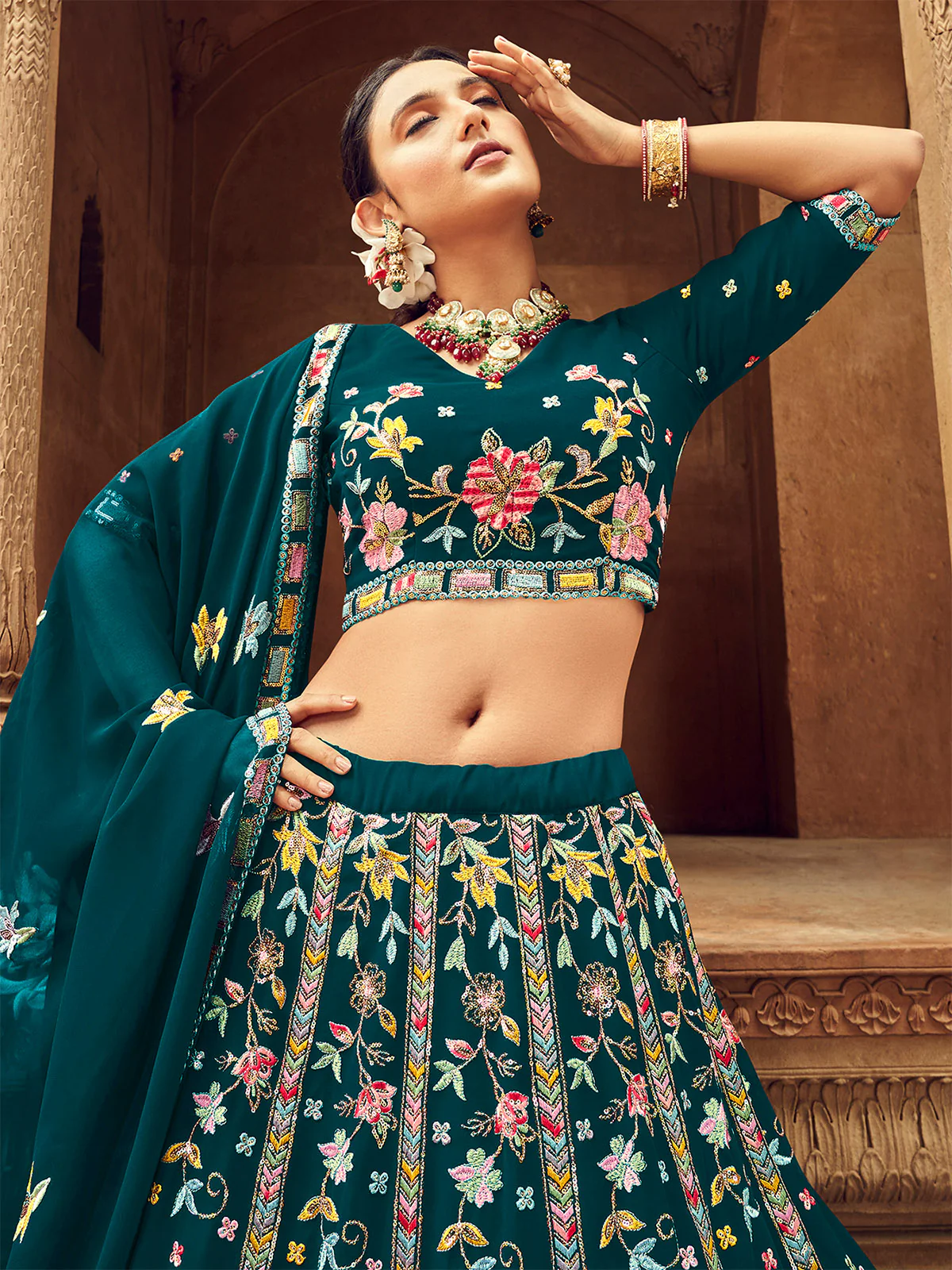Odette Women Teal Embroidered Festive Semi Stitched Lehenga With  Unstitched Blouse - Image 2