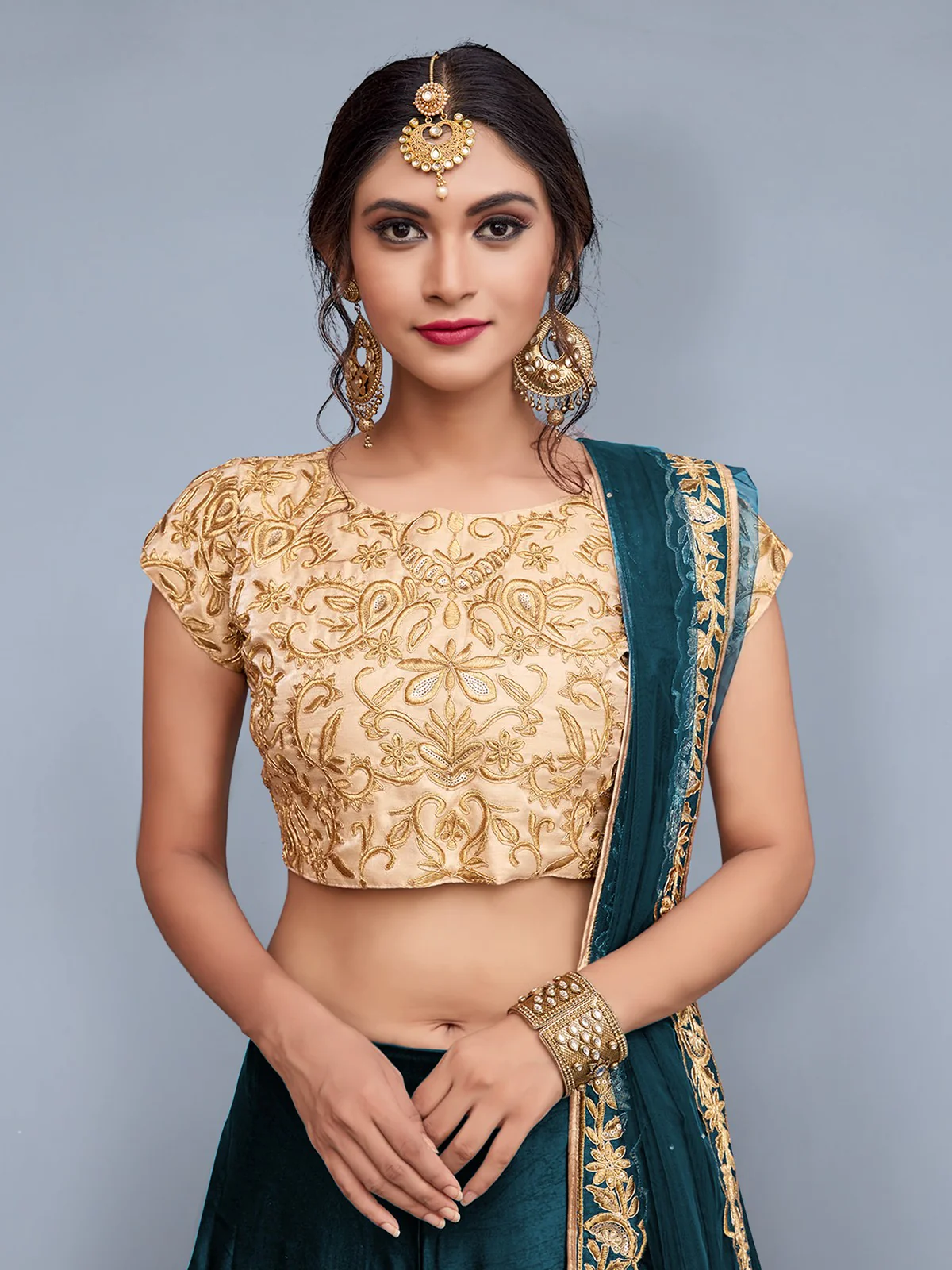 Odette Women Teal Embroidered Semi Stitched Lehenga With Unstitched Blouse - Image 2