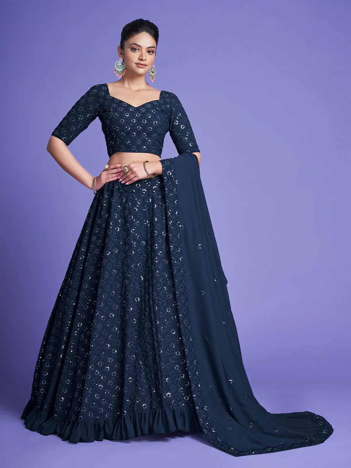Odette Women Teal Georgette Embroidered Semi Stitched Lehenga With Unstitched Blouse - Image 2