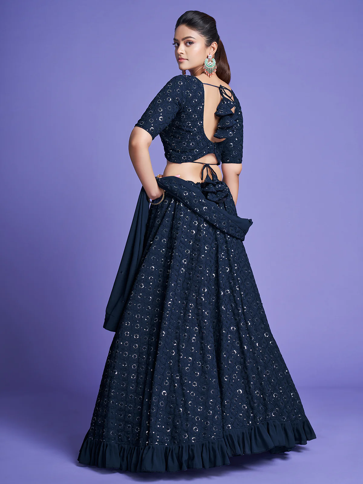Odette Women Teal Georgette Embroidered Semi Stitched Lehenga With Unstitched Blouse - Image 3