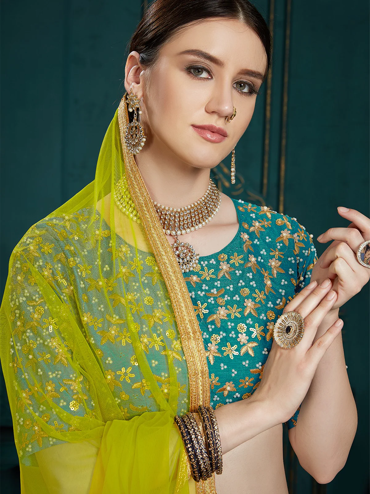 Odette Women Teal Georgette Sassy Semi Stitched Lehenga With Unstitched Blouse - Image 3