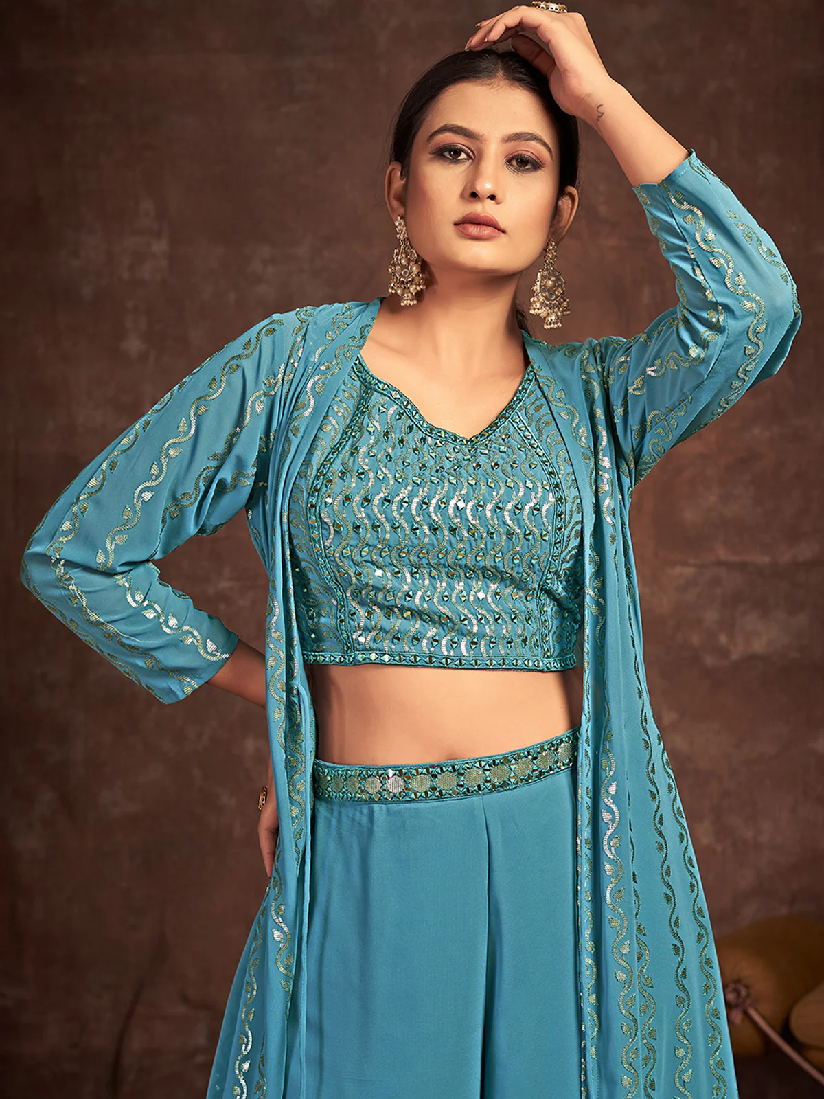 Odette Women Teal Georgette Stitched Sequins Indo Western - Image 2