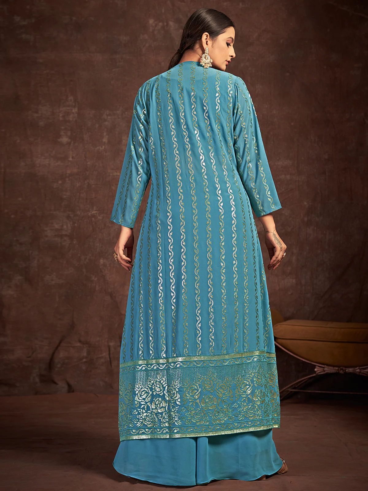 Odette Women Teal Georgette Stitched Sequins Indo Western - Image 4