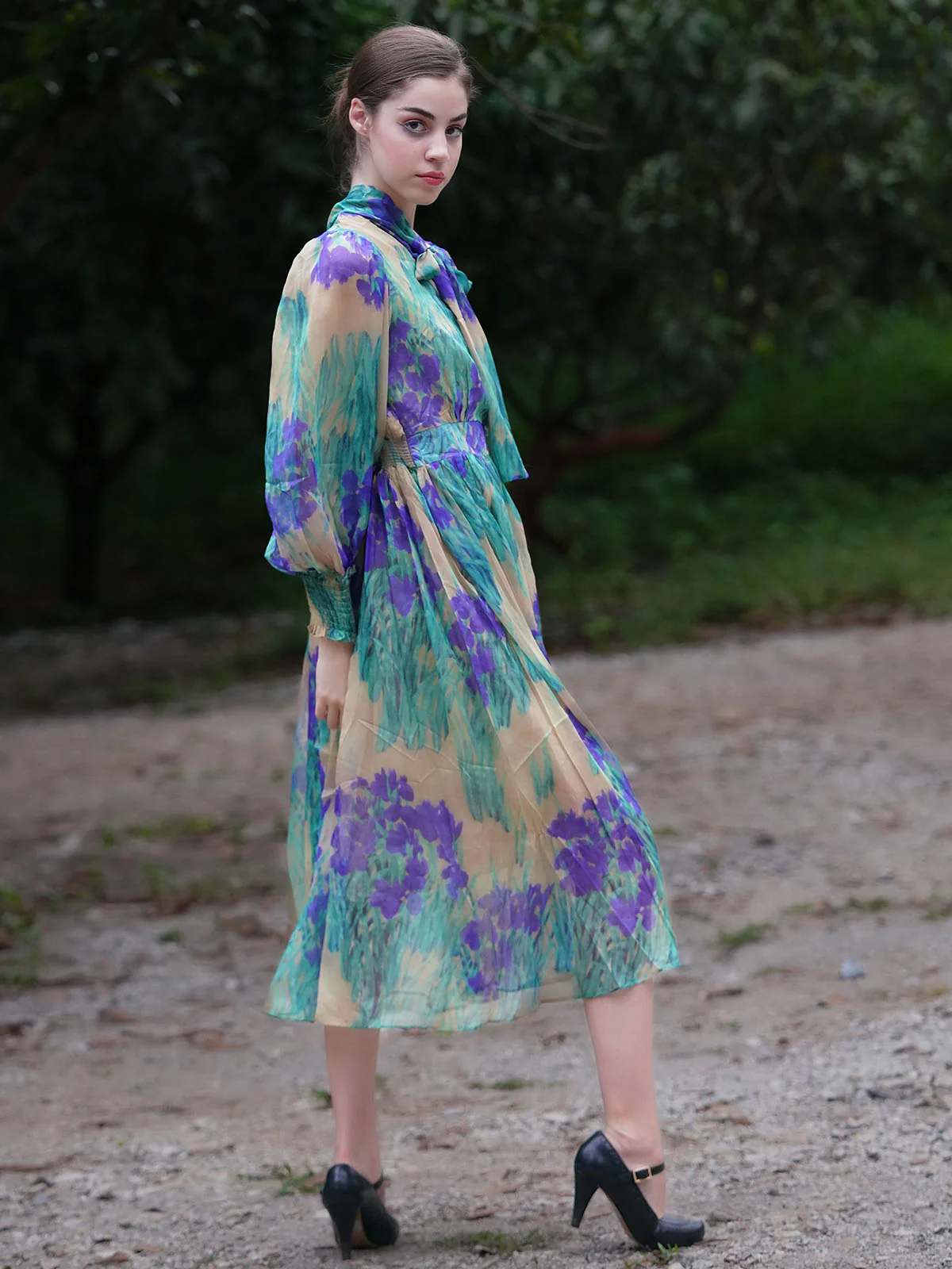 Odette Women Teal Green Polyester Chiffon Printed Long Dress - Image 2