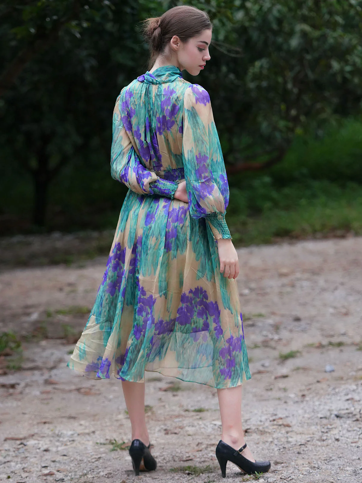 Odette Women Teal Green Polyester Chiffon Printed Long Dress - Image 3