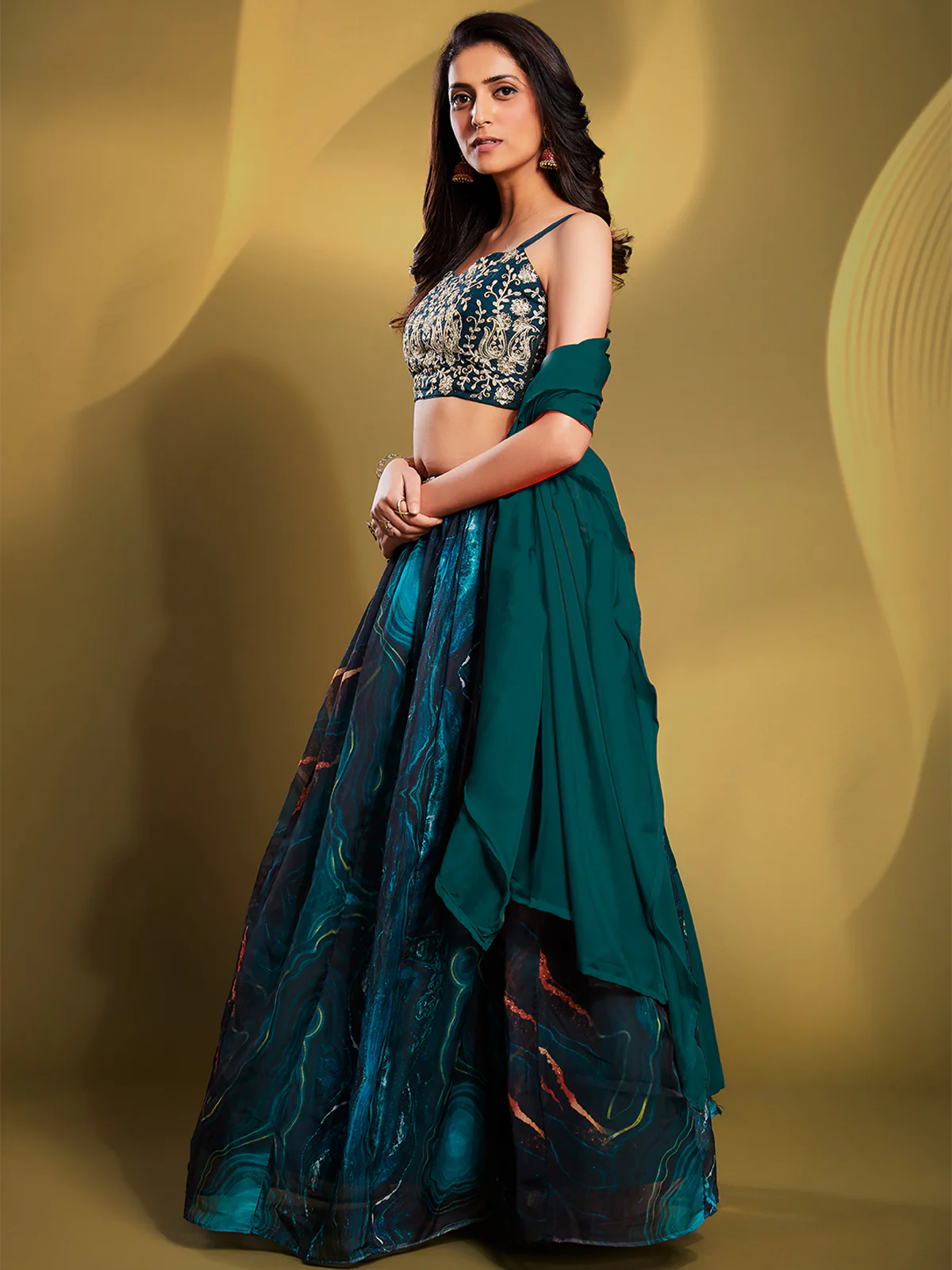 Odette Women Teal Organza Printed Semi Stitched Lehenga Choli - Image 3
