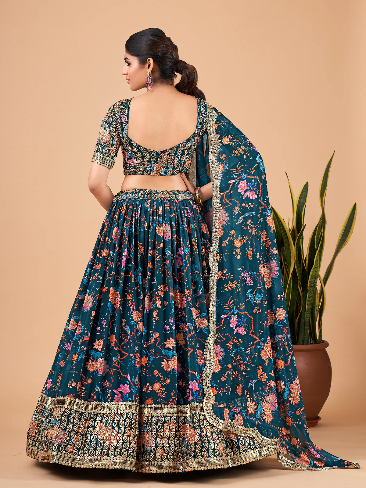 Odette Women Teal Printed And Embroidered Semi Stitched Lehenga With  Unstitched Blouse - Image 3
