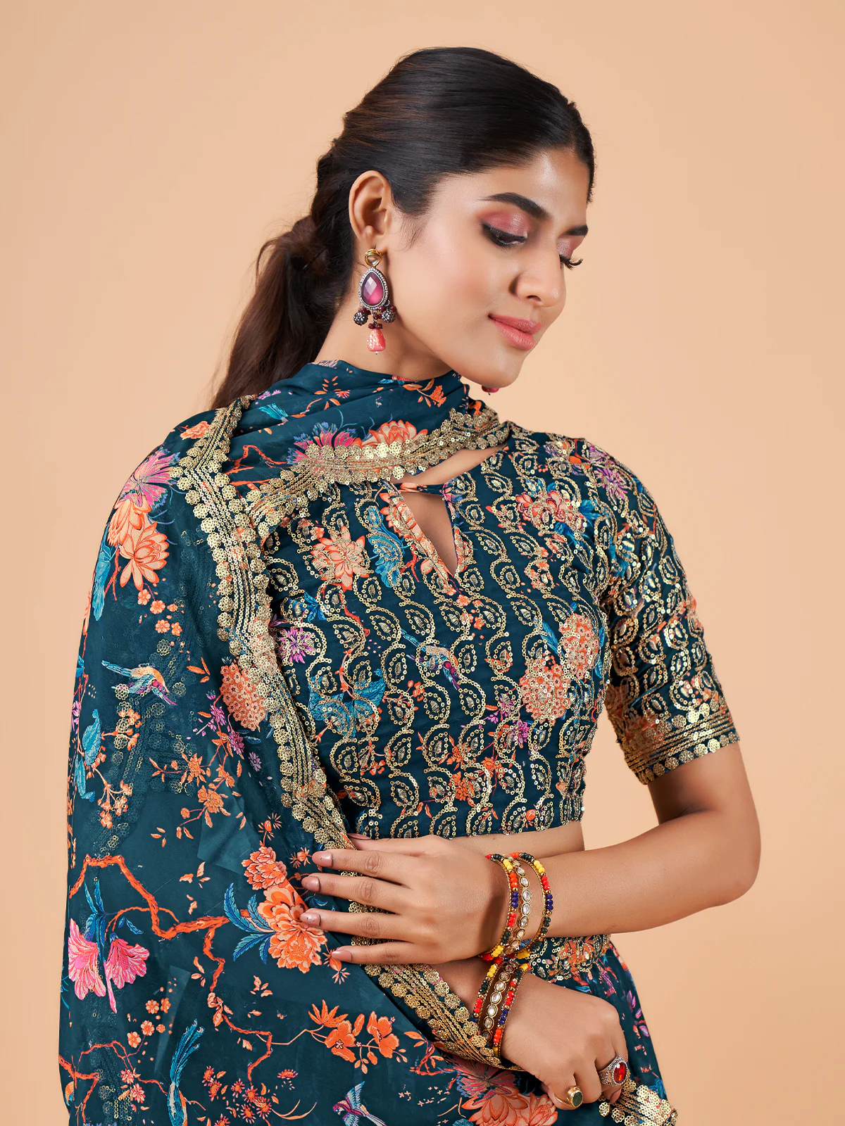 Odette Women Teal Printed And Embroidered Semi Stitched Lehenga With  Unstitched Blouse - Image 4