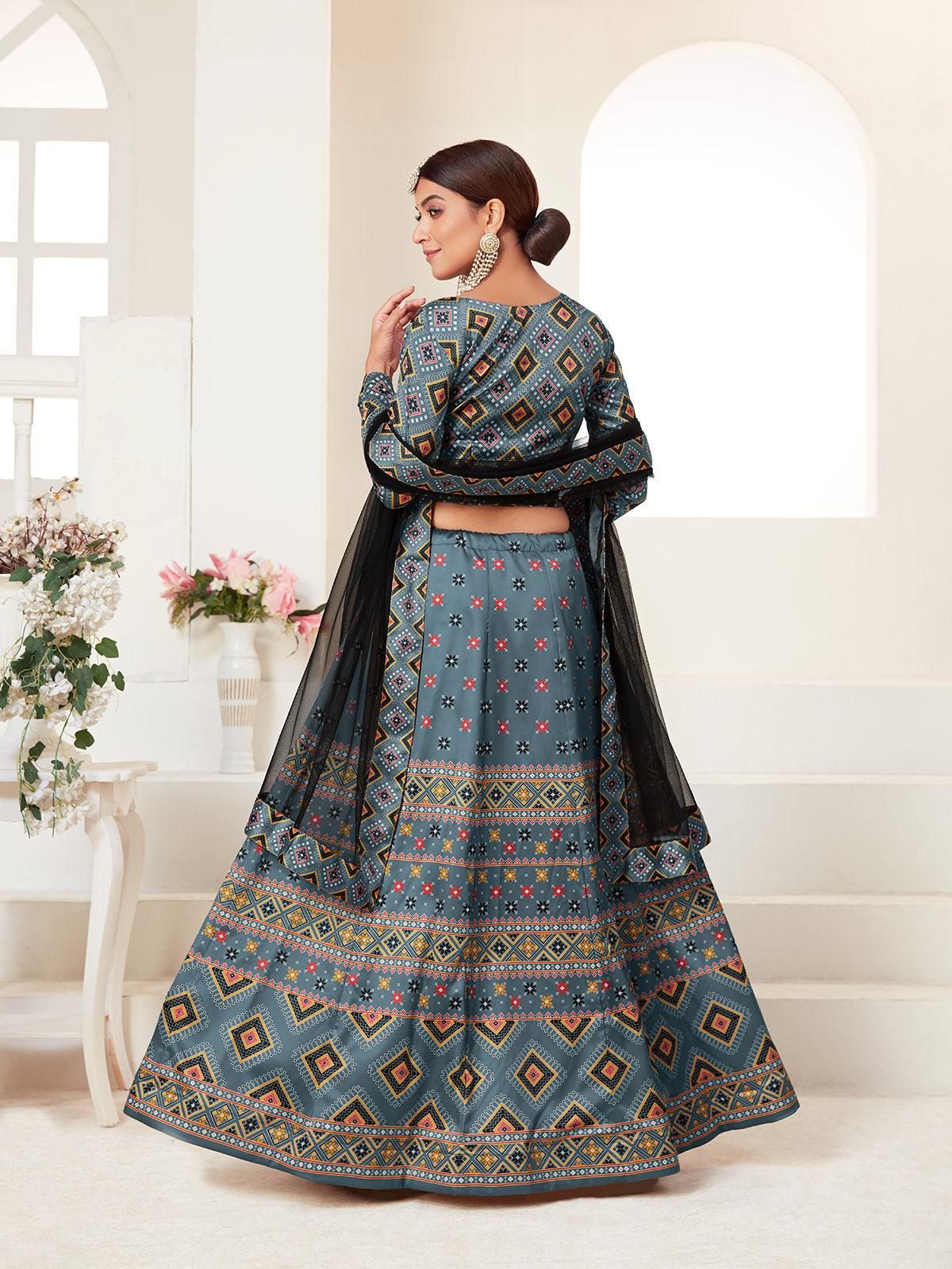 Odette Women Teal Printed Semi Stitched Lehenga With Unstitched Blouse - Image 3