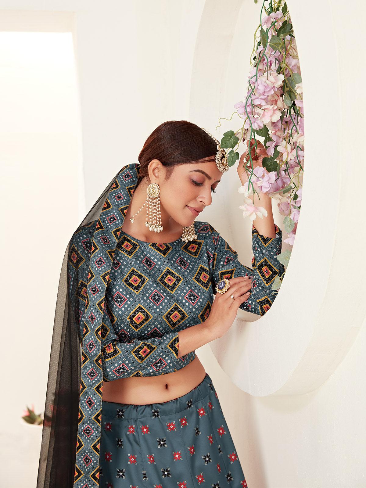 Odette Women Teal Printed Semi Stitched Lehenga With Unstitched Blouse - Image 4