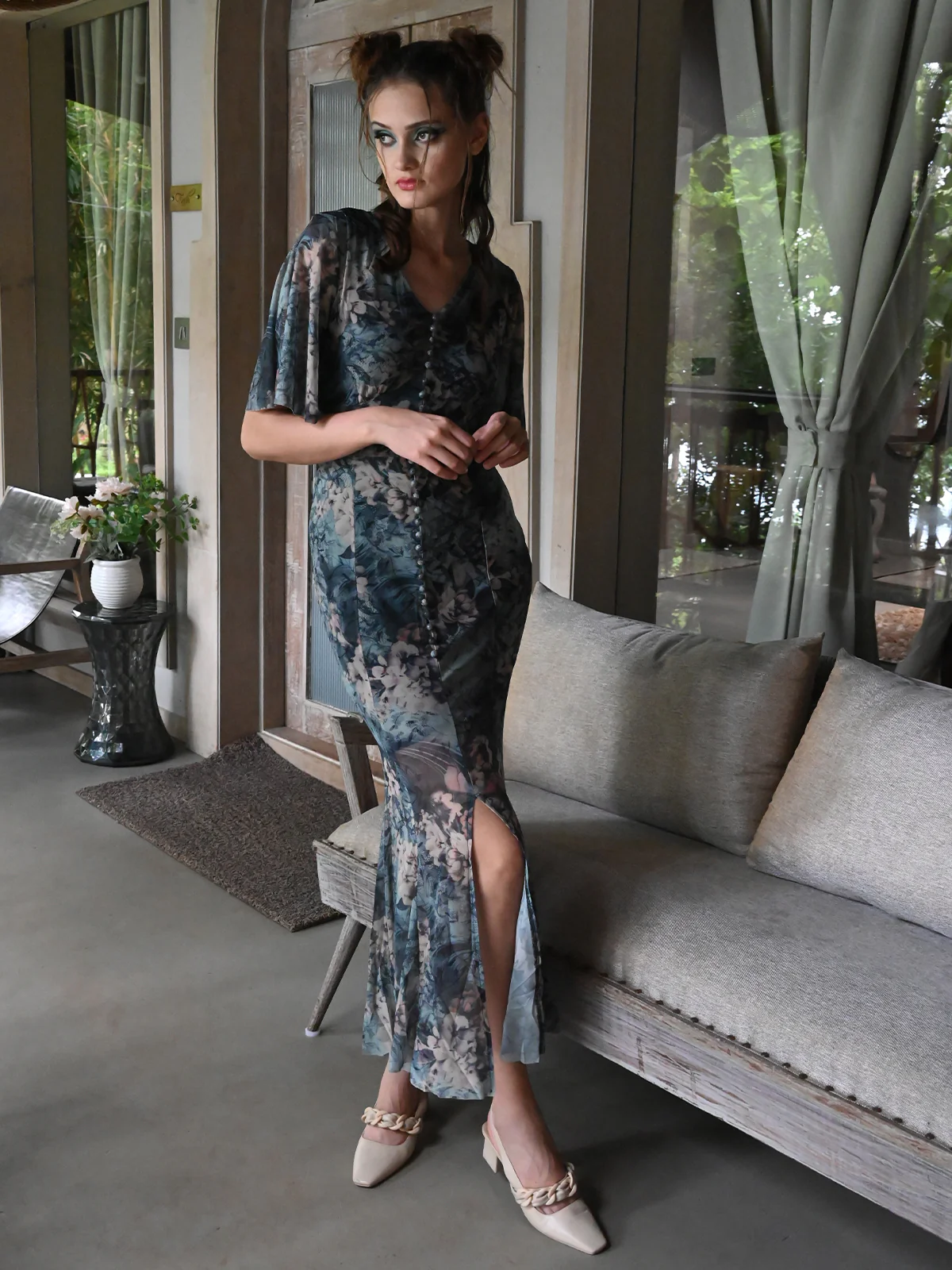 Odette Women Teal Printed Net Lycra Stitched Dress - Image 2