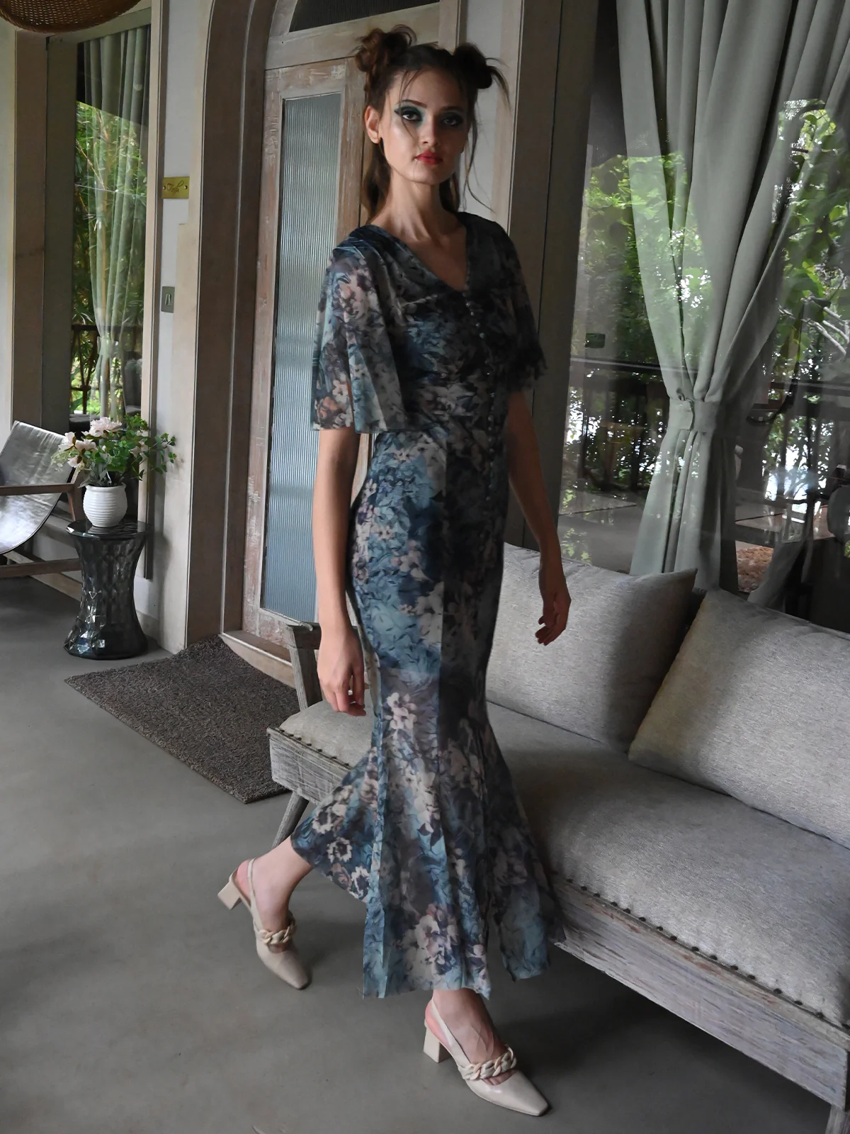 Odette Women Teal Printed Net Lycra Stitched Dress - Image 3