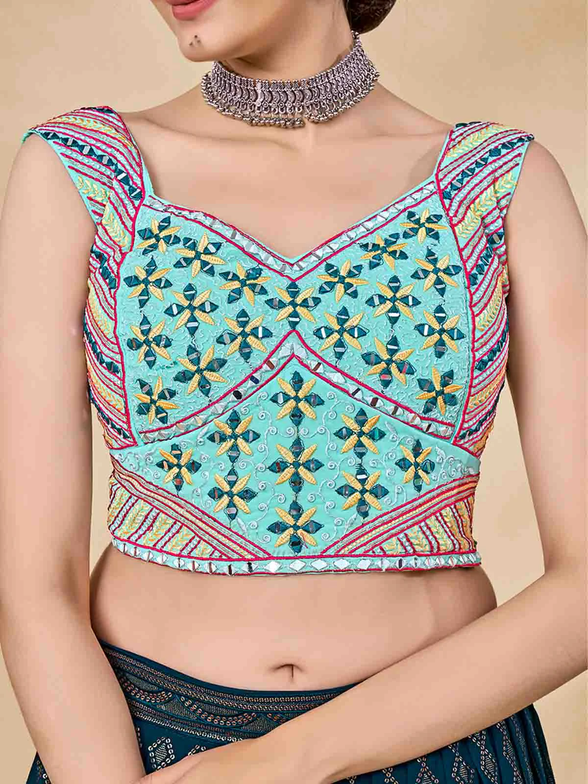 Odette Women Teal Embroidered Semi Stitched Lehenga With Unstitched Blouse - Image 3