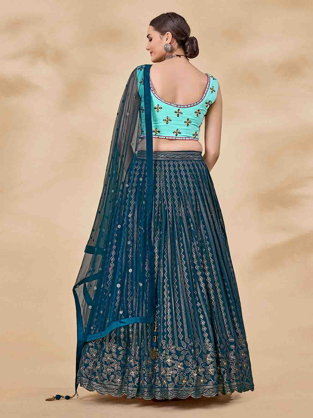 Odette Women Teal Embroidered Semi Stitched Lehenga With Unstitched Blouse - Image 5
