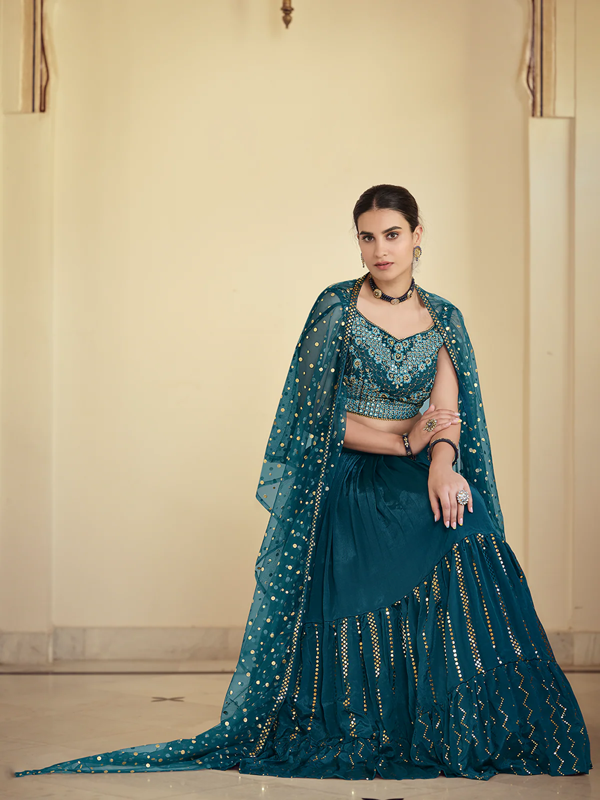 Odette Women Teal Embroidered Crepe Semi Stitched Lehenga With Unstitched Blouse - Image 2