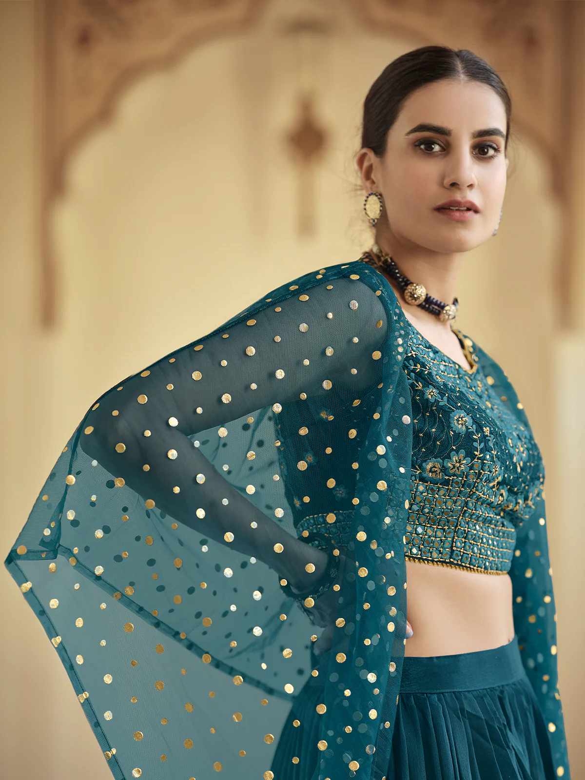 Odette Women Teal Embroidered Crepe Semi Stitched Lehenga With Unstitched Blouse - Image 4
